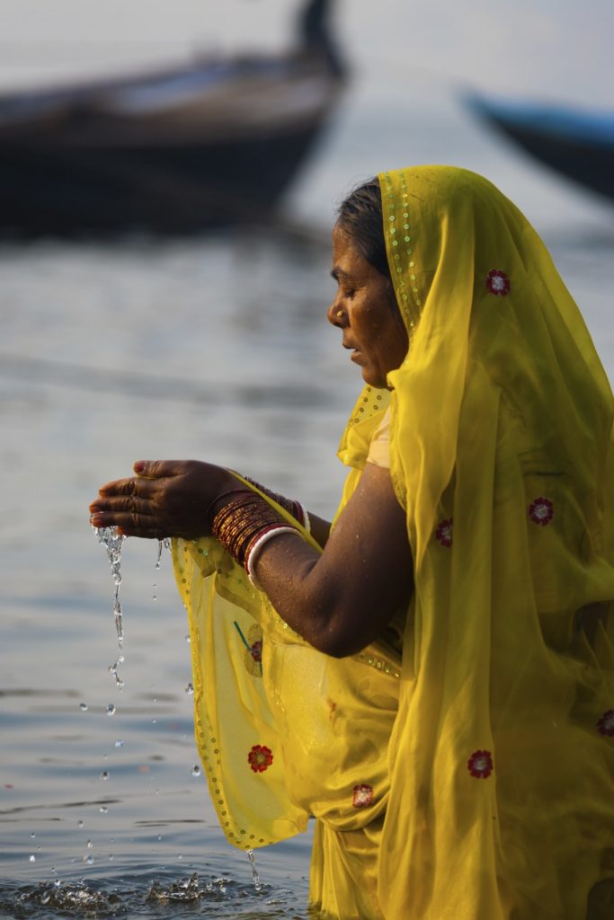 Hindu Woman Praying Ganges River Varanasi